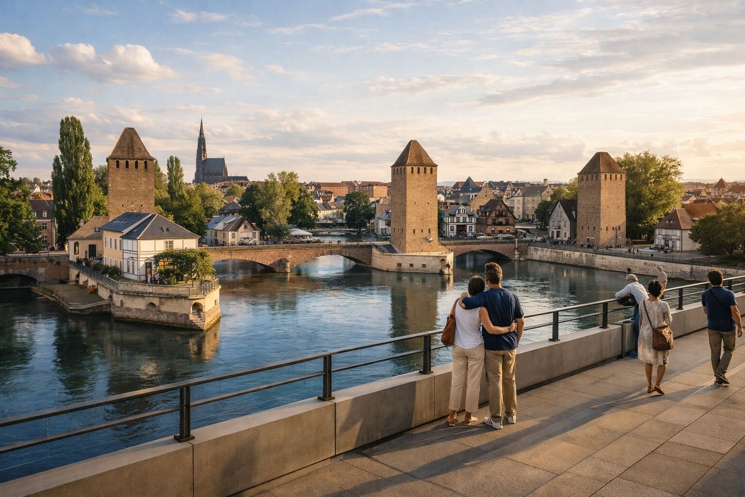 Vue panoramique depuis une terrasse du musée sur l’Ill et le quartier historique de Strasbourg.