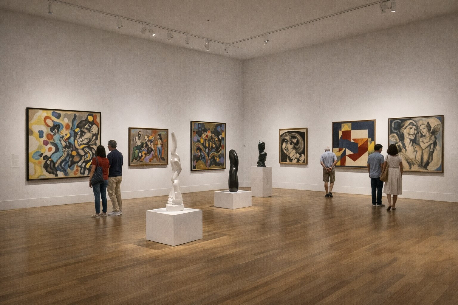 Visiteurs découvrant les collections d’art moderne et contemporain dans un vaste musée.