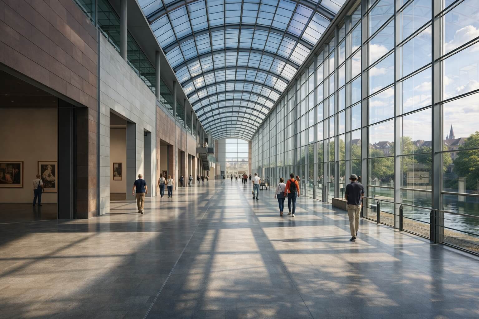 Grande nef vitrée du musée d’Art Moderne et Contemporain de Strasbourg avec visiteurs.