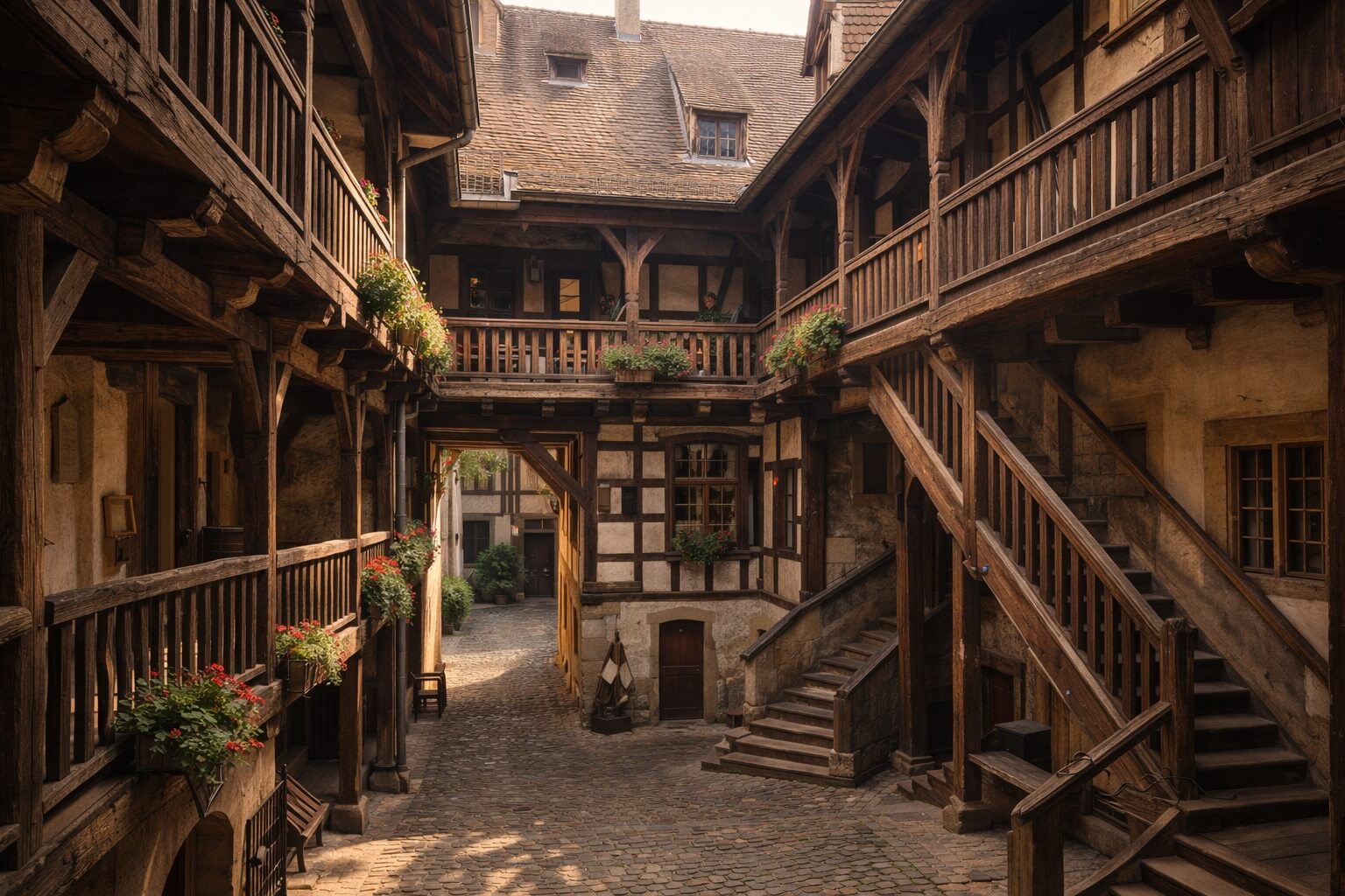 Cour intérieure du Musée Alsacien avec passerelles en bois, galeries suspendues et architecture ancienne typique de Strasbourg.
