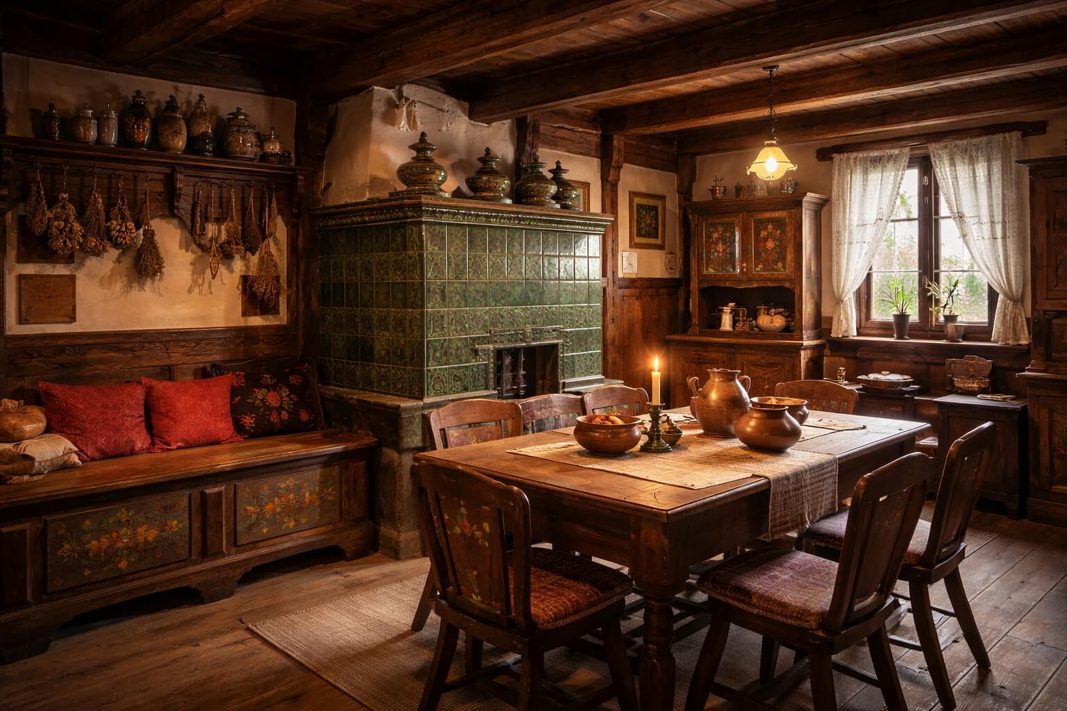 Salle reconstituée du musée avec mobilier alsacien ancien, poêle en faïence, boiseries et objets du quotidien.