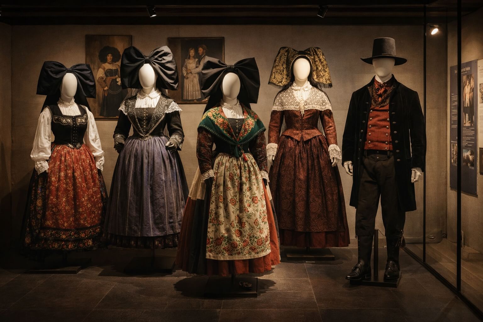 Costumes traditionnels alsaciens exposés dans une salle du musée, avec coiffes et vêtements anciens soigneusement présentés.