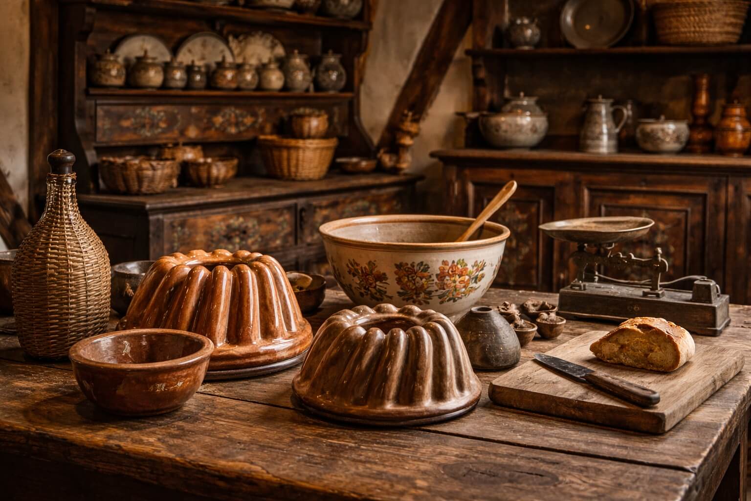 Objets anciens de la vie quotidienne alsacienne, ustensiles de cuisine, moules à kougelhopf et vaisselle traditionnelle exposés dans le musée.