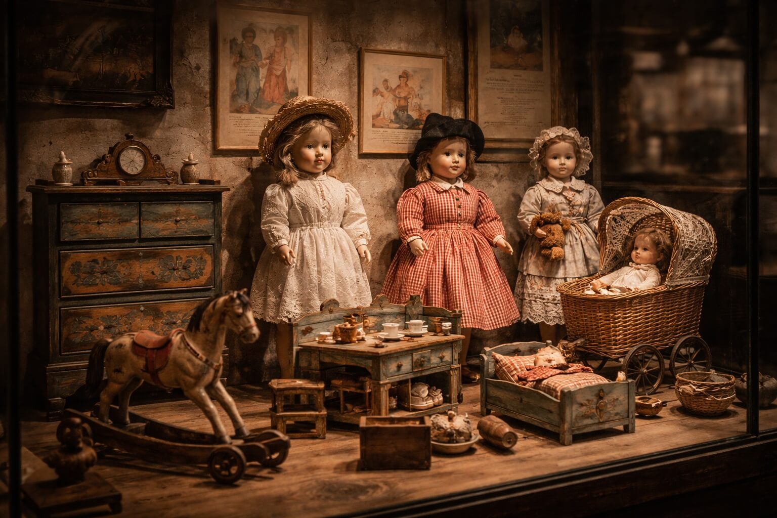 Vitrine du musée présentant poupées, jouets anciens et petits meubles miniatures dans une ambiance douce et nostalgique.