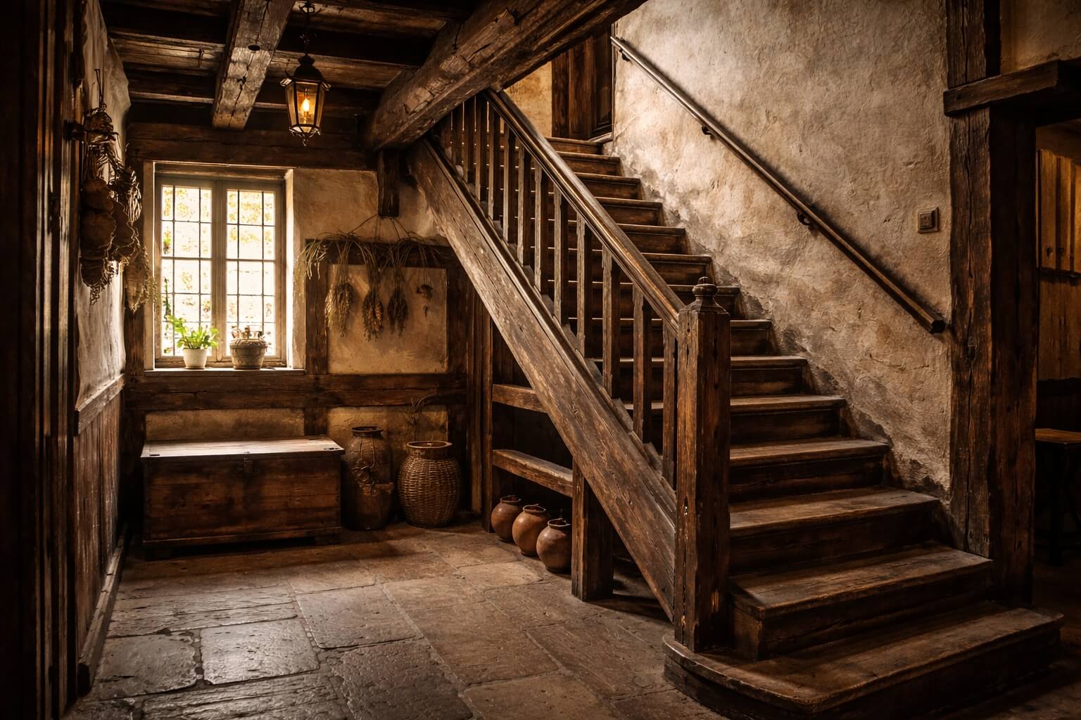 Escaliers en bois et architecture intérieure ancienne du Musée Alsacien, avec poutres apparentes et atmosphère authentique.