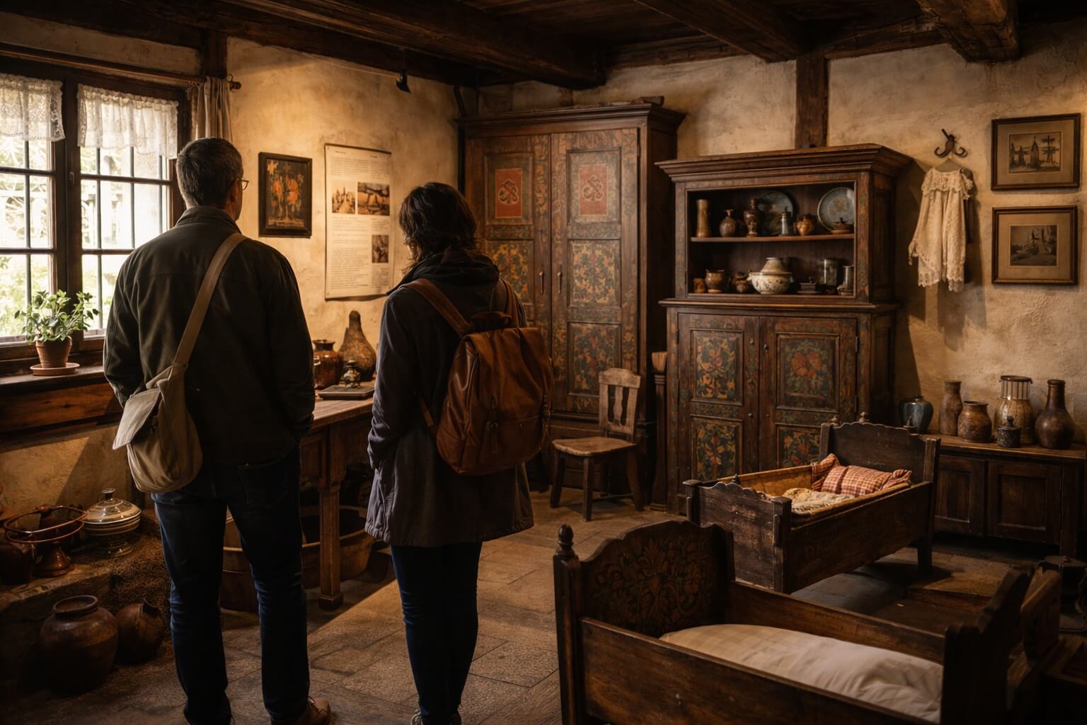 Visiteur découvrant une salle du Musée Alsacien, entouré d’objets anciens et d’un décor traditionnel alsacien.