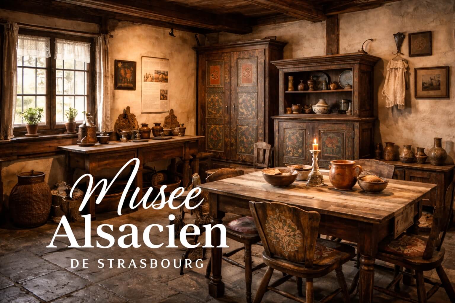 Image d’ambiance du Musée Alsacien mêlant architecture ancienne, objets traditionnels et atmosphère patrimoniale.