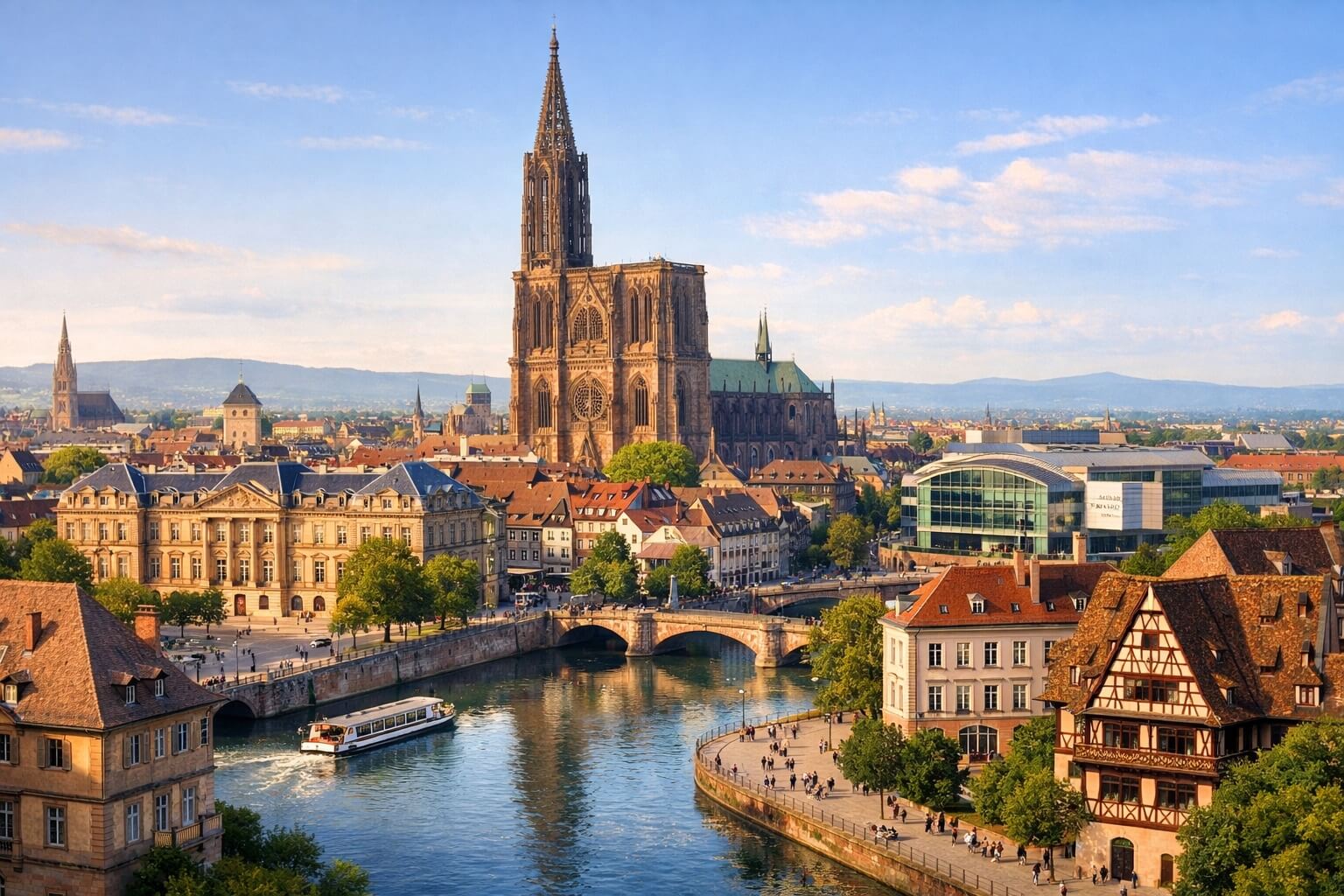 Vue panoramique de Strasbourg avec la cathédrale, les toits de la Grande Île et plusieurs façades de musées évoquant la diversité culturelle de la ville.