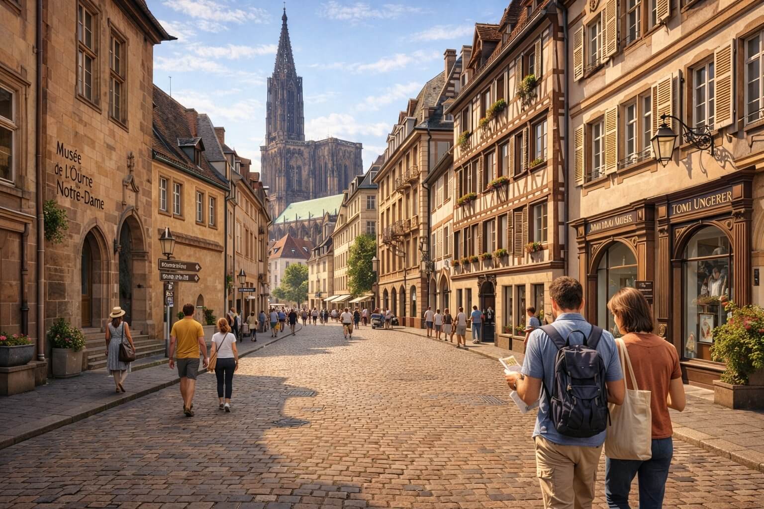 Scène urbaine paisible dans le centre historique de Strasbourg avec visiteurs se dirigeant vers plusieurs musées.
