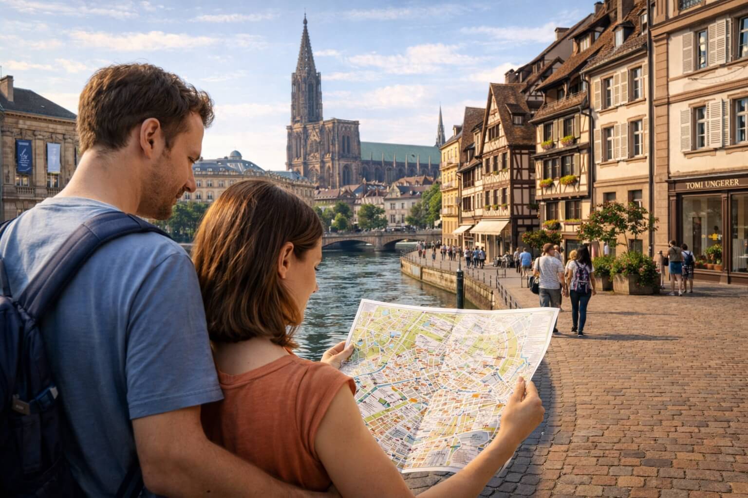 Couple ou petits groupes de visiteurs consultant un plan de Strasbourg avant une journée de visites culturelles.