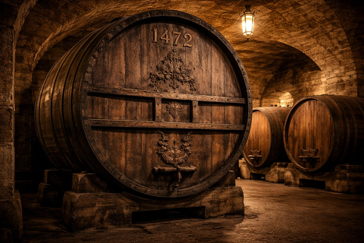 Grand foudre ancien en bois dans la cave des Hospices, mis en valeur dans une ambiance historique et solennelle.