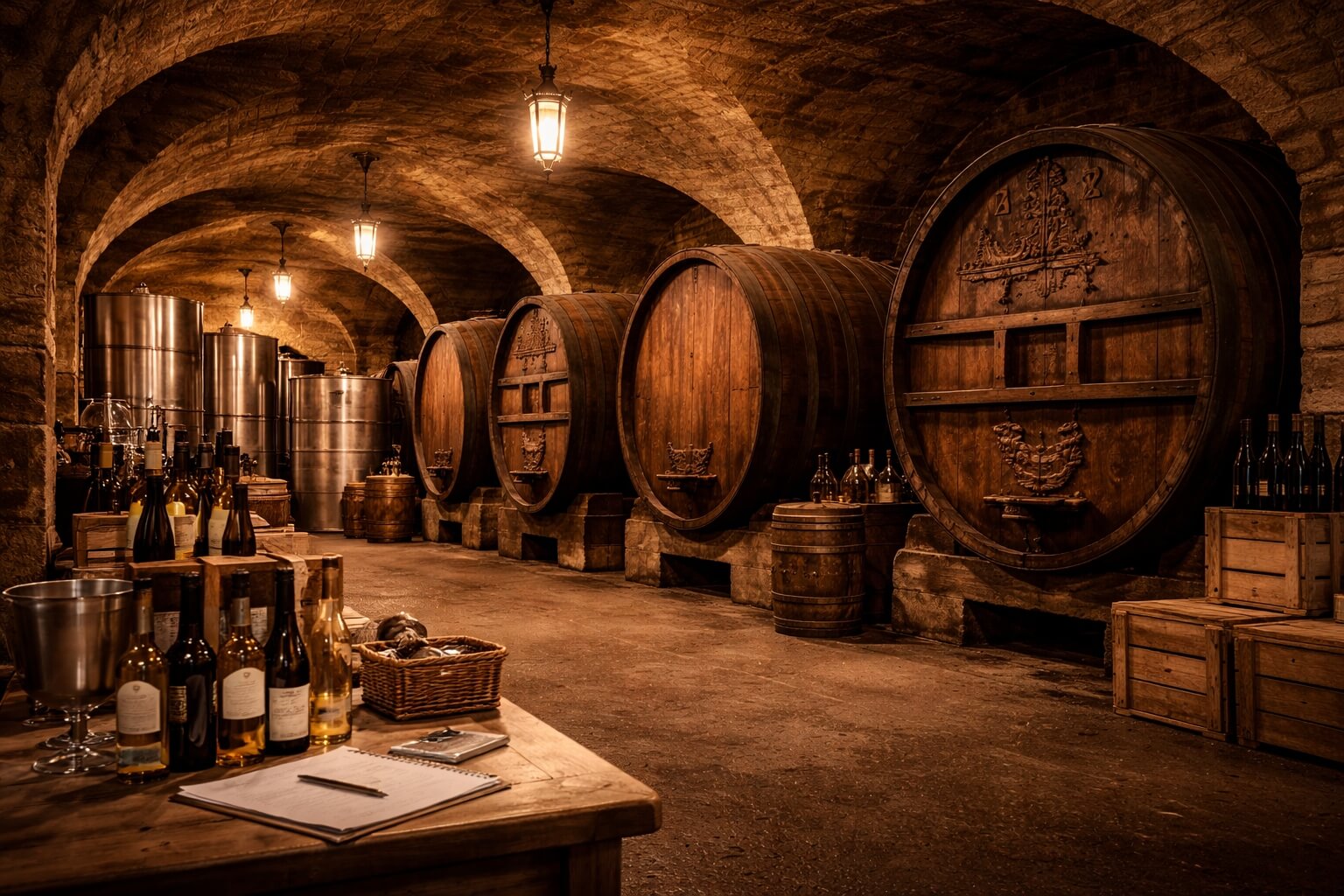 Scène montrant la cave des Hospices comme lieu patrimonial encore actif, entre héritage historique et vinification contemporaine.