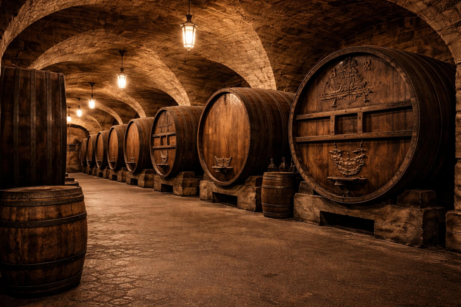 Rangée de grands foudres et tonneaux anciens dans la cave, mettant en avant le patrimoine viticole du lieu.