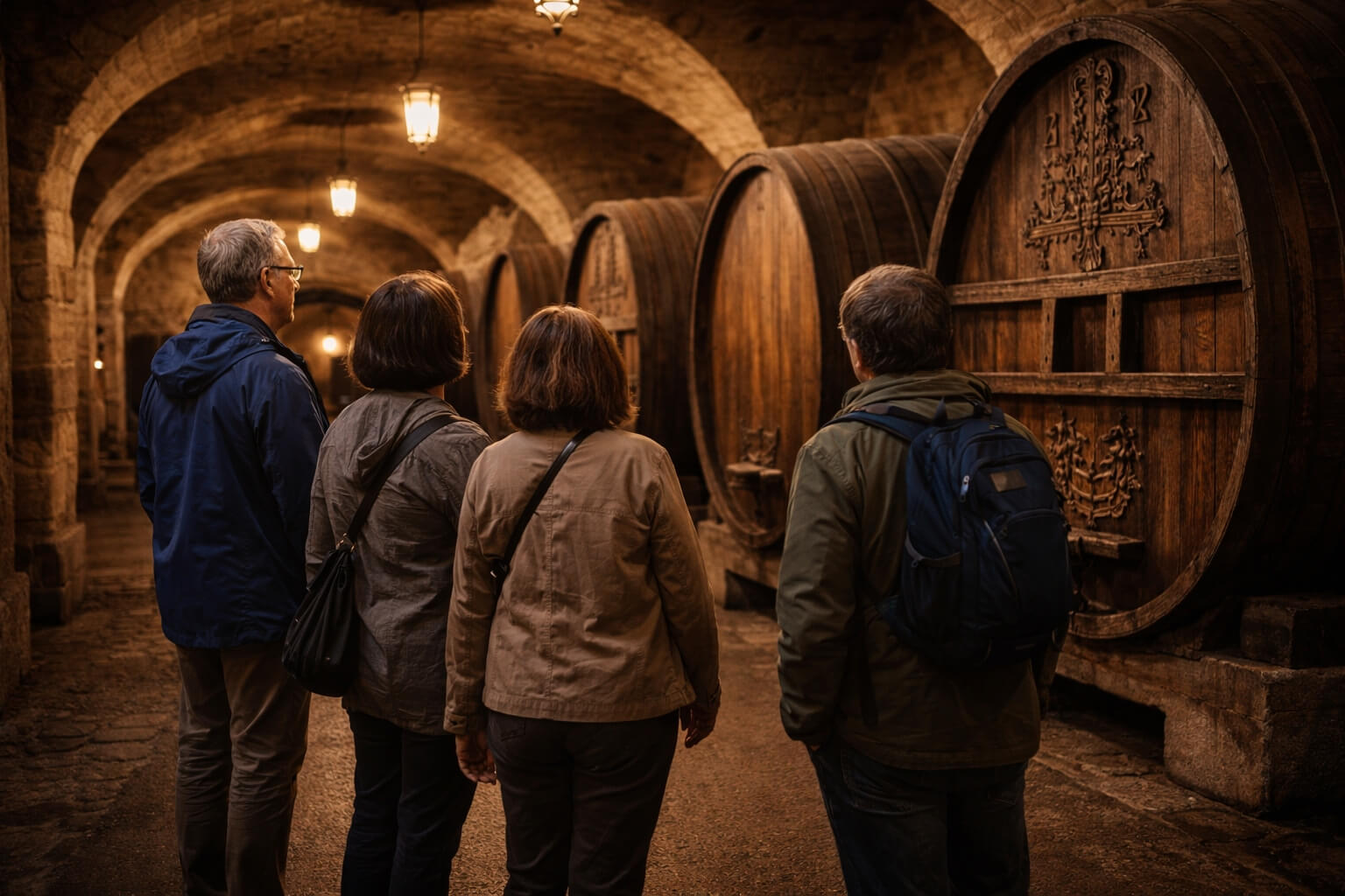 Quelques visiteurs découvrent calmement la cave historique des Hospices de Strasbourg dans une ambiance silencieuse et patrimoniale.