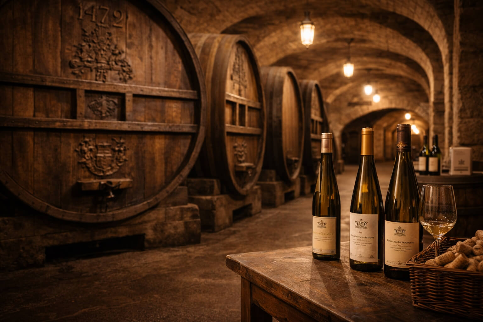 Scène visuelle évoquant l’héritage viticole des Hospices de Strasbourg, entre cave historique et mémoire du vin alsacien.