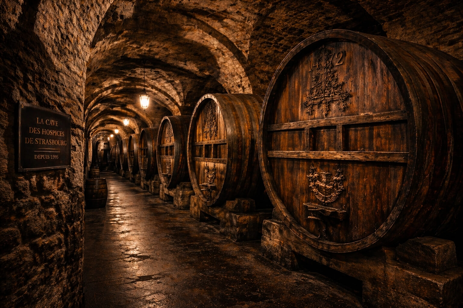 Image de couverture sur la cave des Hospices de Strasbourg mêlant voûtes, foudres anciens et ambiance patrimoniale unique.
