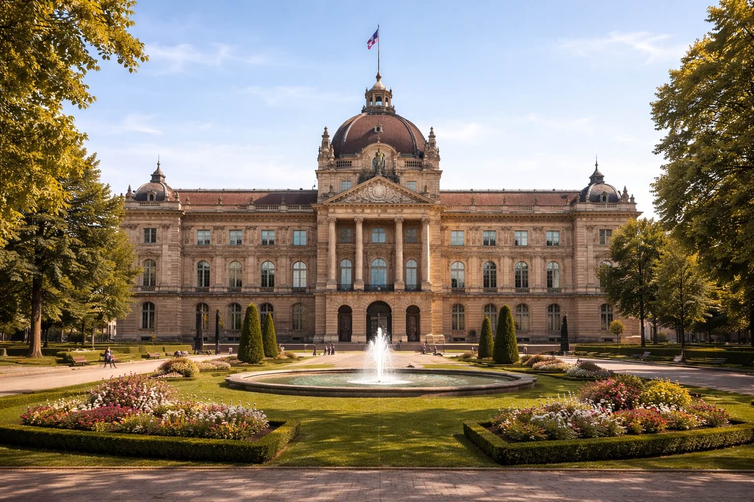 Vue panoramique de la Place de la République à Strasbourg, avec jardin central, bâtiments monumentaux et atmosphère majestueuse.