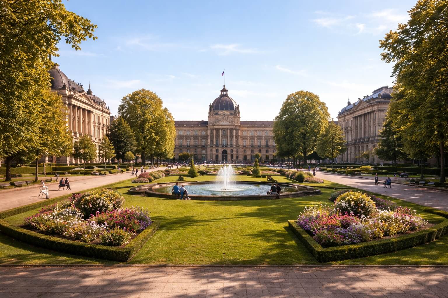 Vue extérieure du Palais du Rhin à Strasbourg, avec façade monumentale néo-Renaissance et décor prestigieux.