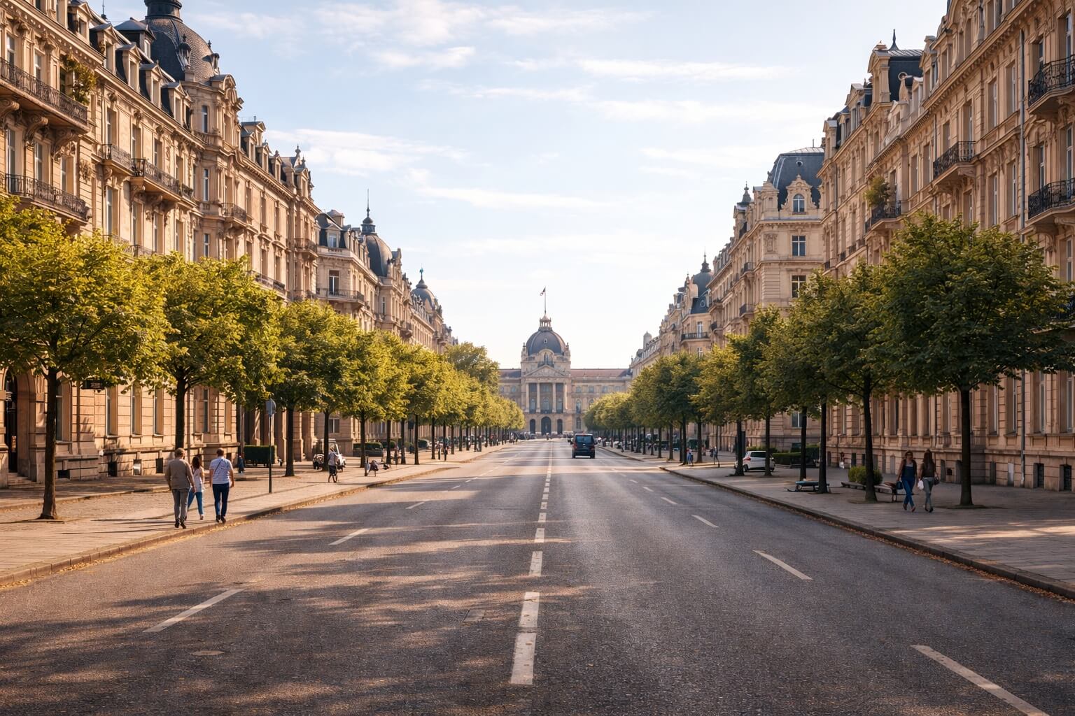 Perspective d’une grande avenue de la Neustadt bordée d’immeubles bourgeois aux façades travaillées.