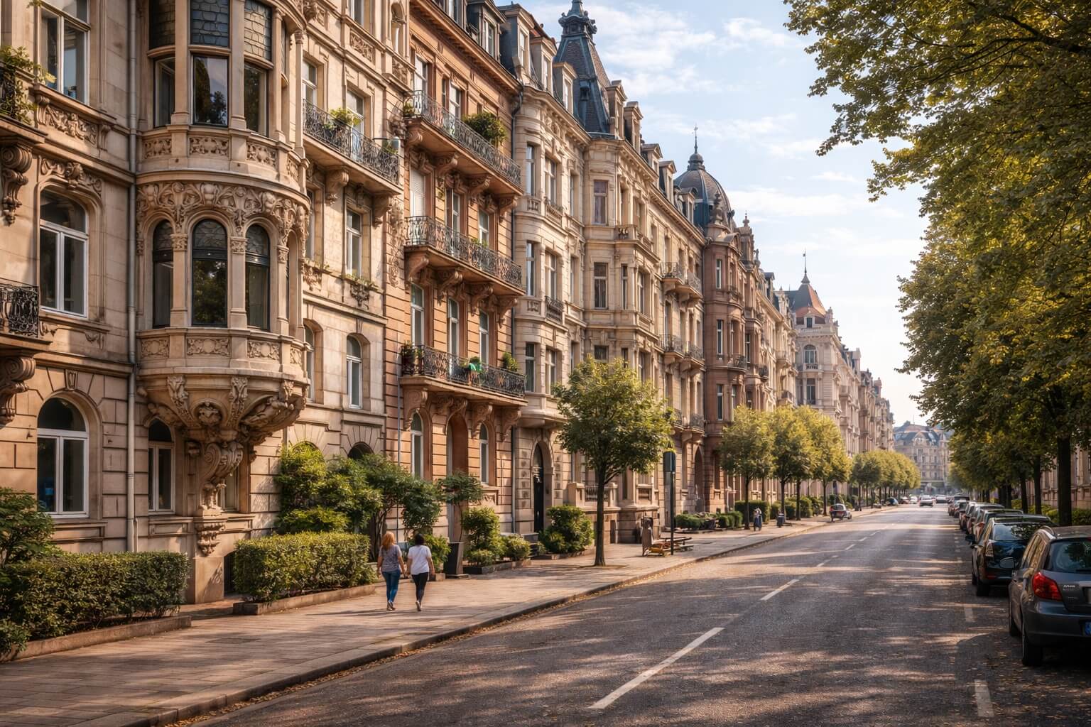 Rue résidentielle de la Neustadt avec immeubles élégants, oriels, balcons et détails Jugendstil.