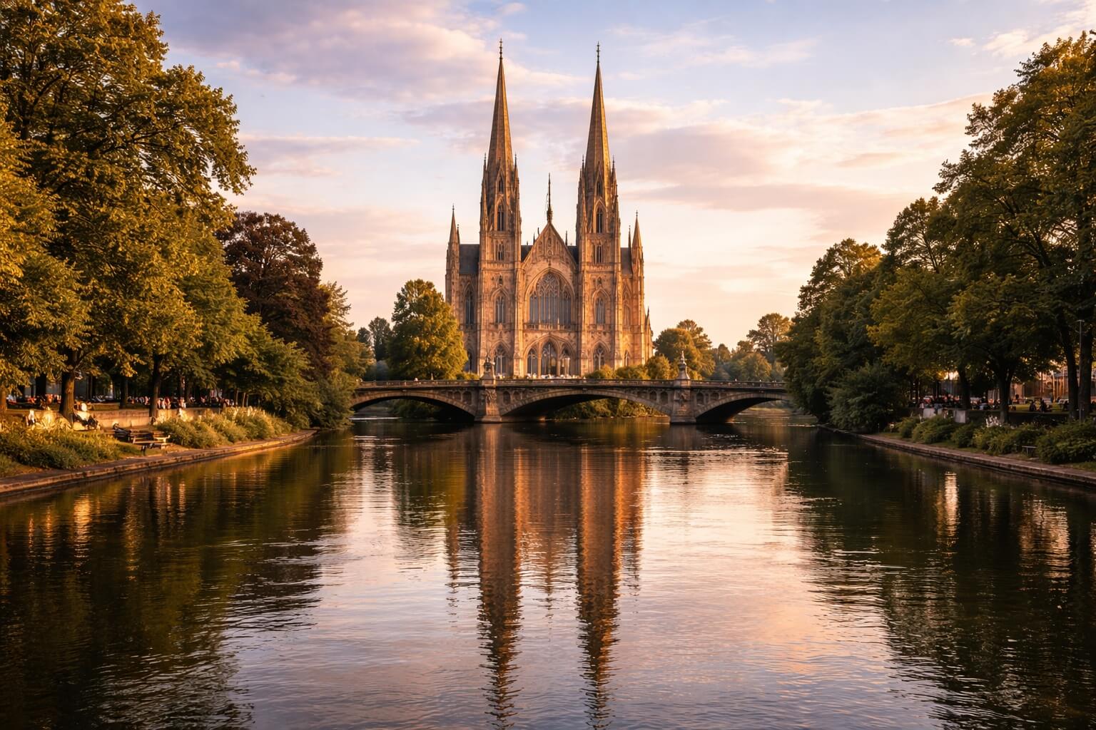 Vue de l’église Saint-Paul à Strasbourg avec ses deux flèches se reflétant dans l’Ill.