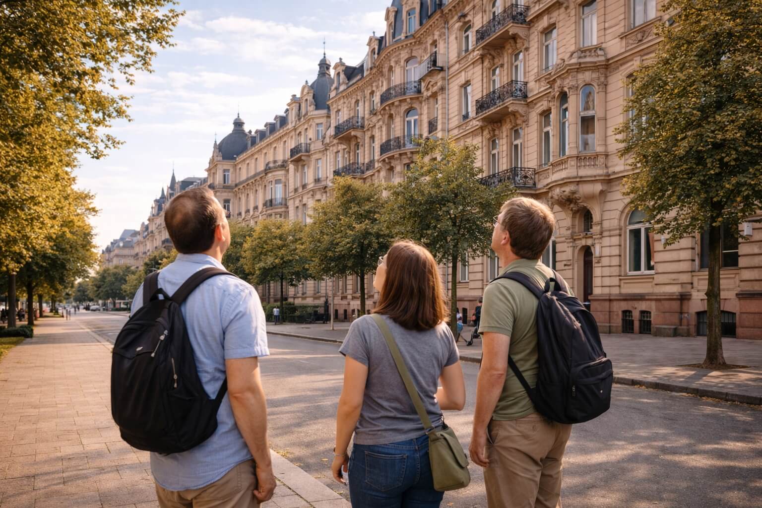 Petit groupe de visiteurs se promenant dans les larges avenues de la Neustadt en observant les façades.