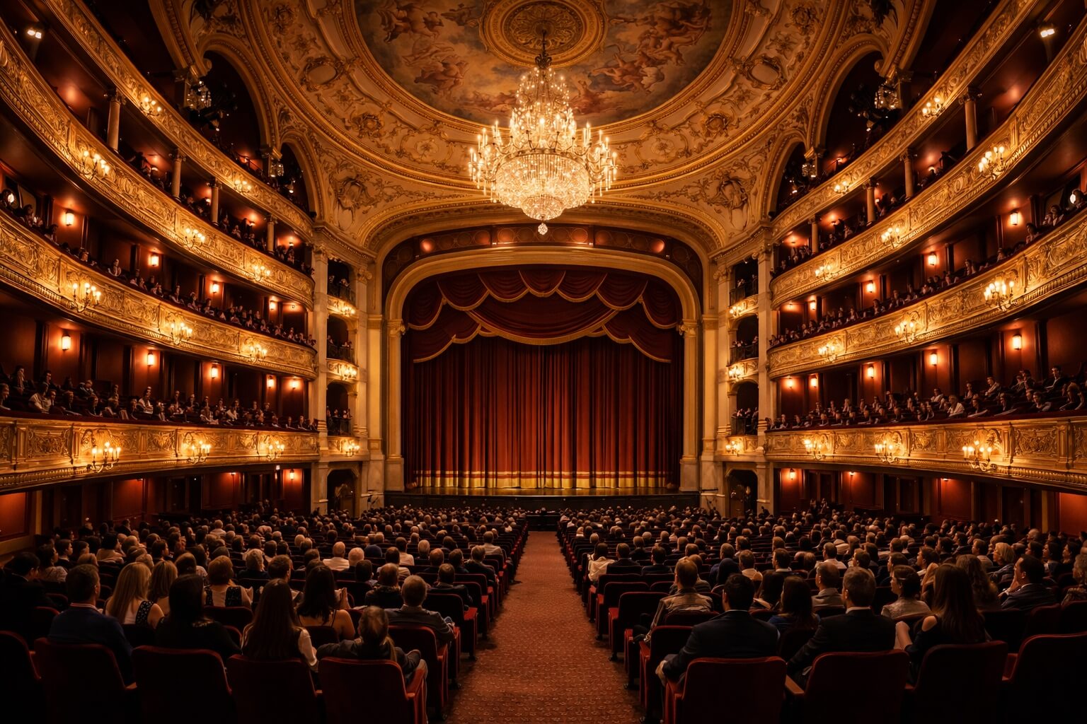 Intérieur de la salle de l’Opéra national du Rhin à Strasbourg, avec balcons en fer à cheval, fauteuils rouges et décor classique.