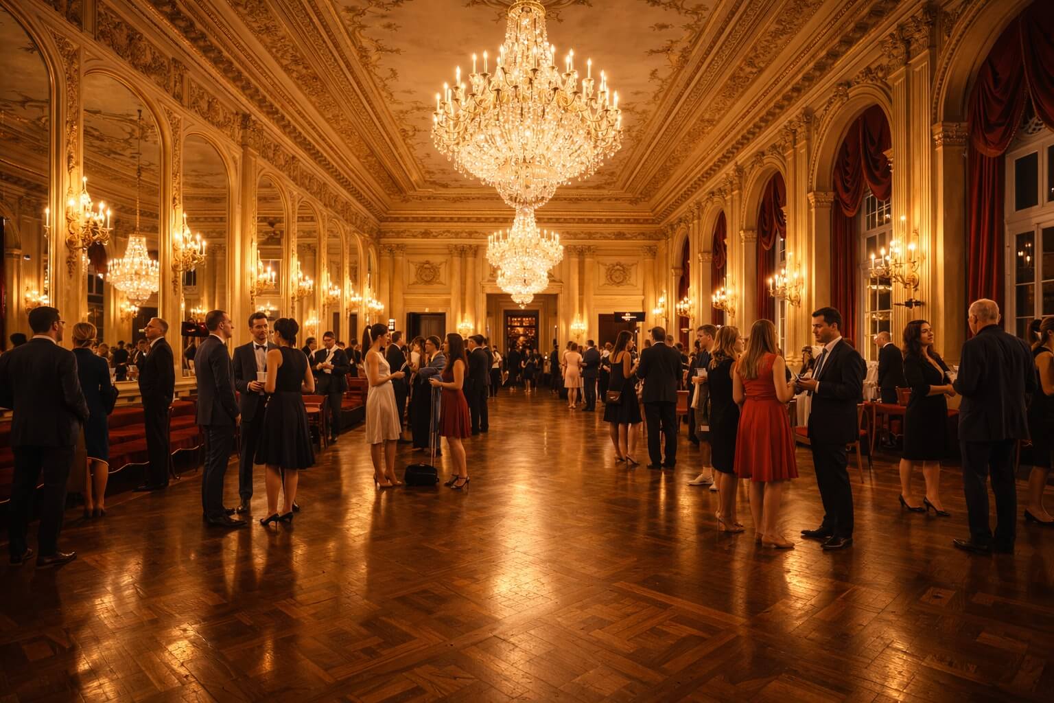 Vue intérieure du grand foyer de l’Opéra avec lustres, parquet brillant et visiteurs avant le début d’une représentation.