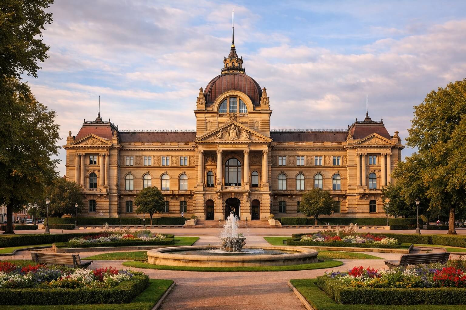 Vue d’ensemble du Palais du Rhin à Strasbourg, avec son dôme monumental et le jardin central de la place de la République au premier plan.