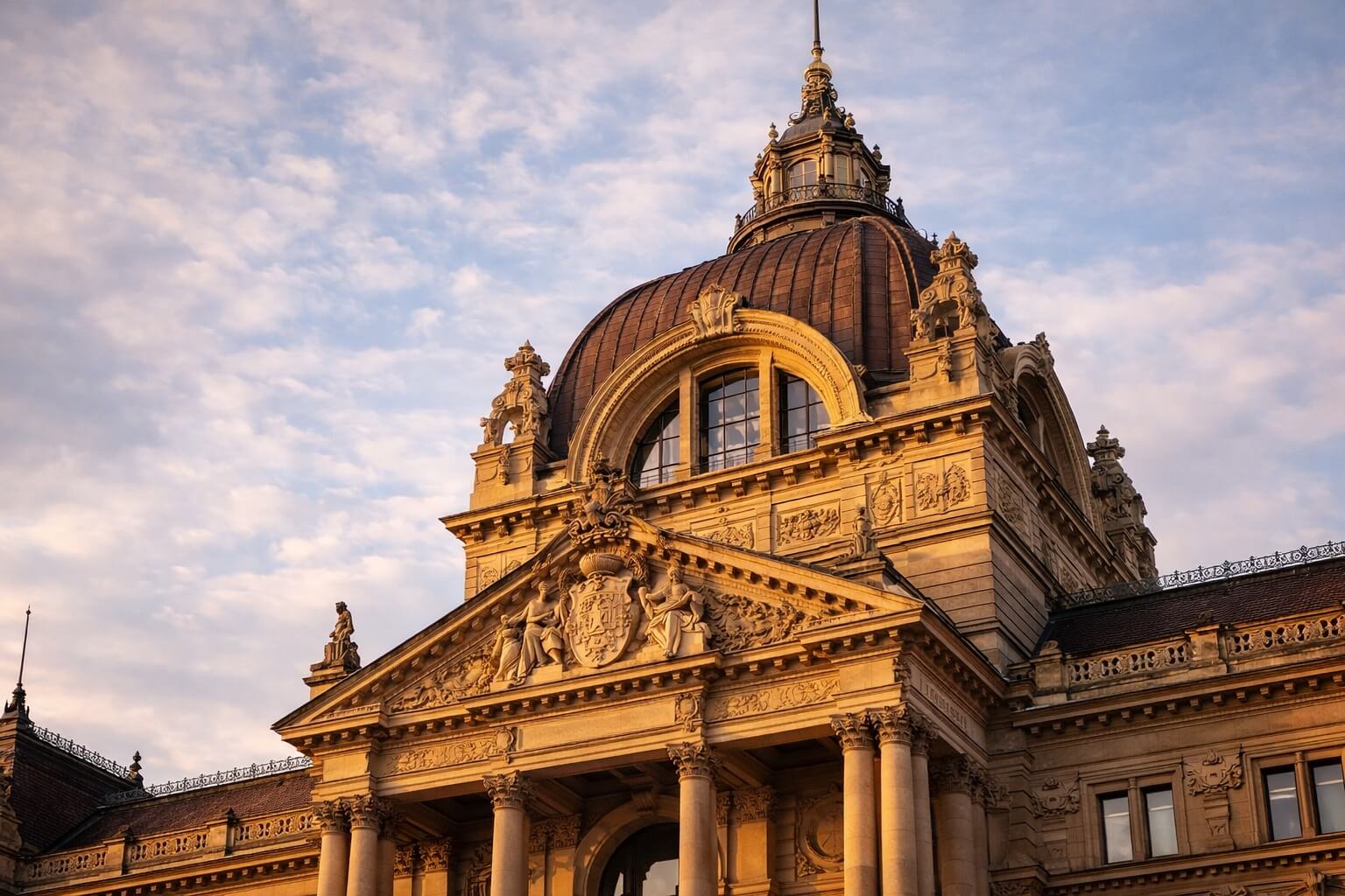 Plan rapproché en contre-plongée sur le dôme et les détails sculptés du Palais du Rhin à Strasbourg