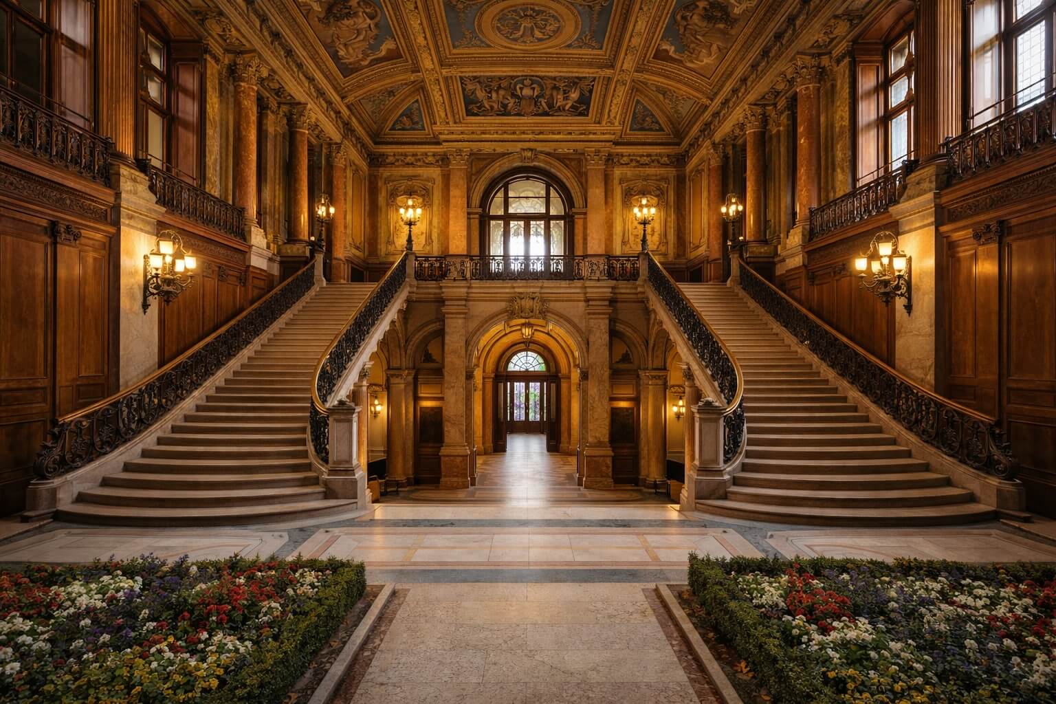 Intérieur du Palais du Rhin avec un grand escalier d’honneur, des murs décorés et une ambiance patrimoniale prestigieuse.