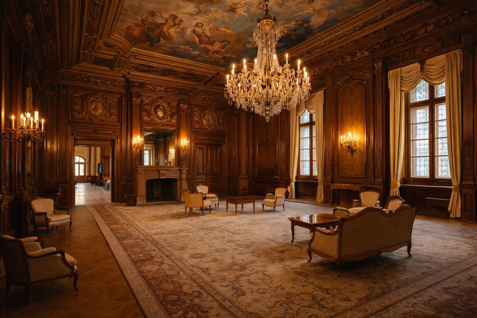 Salon d’apparat du Palais du Rhin avec boiseries, plafond décoré et mobilier élégant.