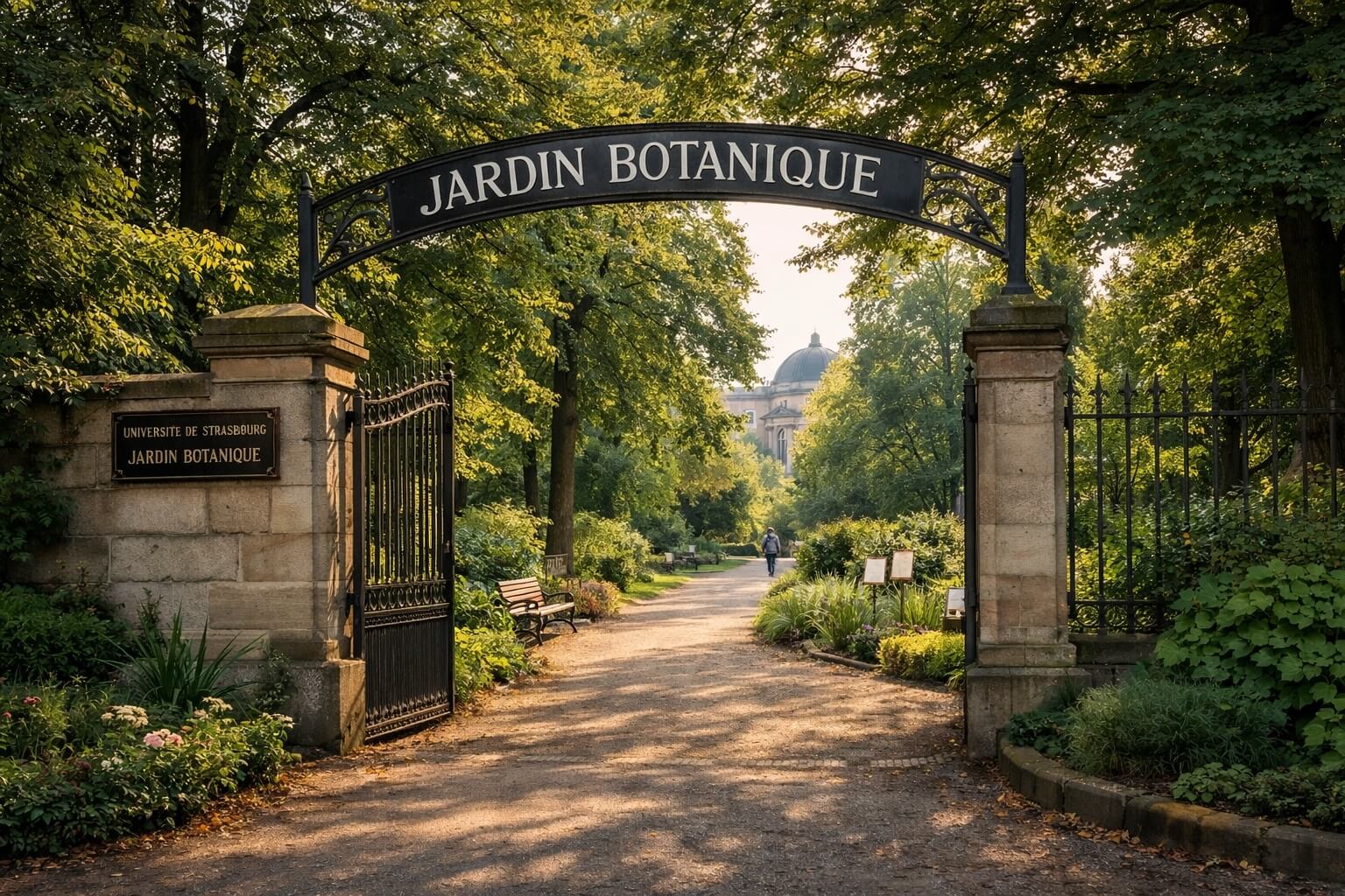 Entrée du jardin botanique de Strasbourg avec allée arborée et ambiance paisible au cœur du quartier universitaire.