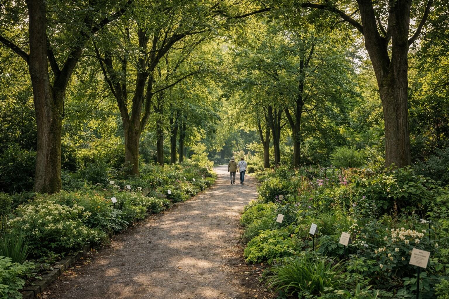 Allée ombragée du jardin botanique de Strasbourg avec arbres anciens, massifs botaniques et promenade tranquille.