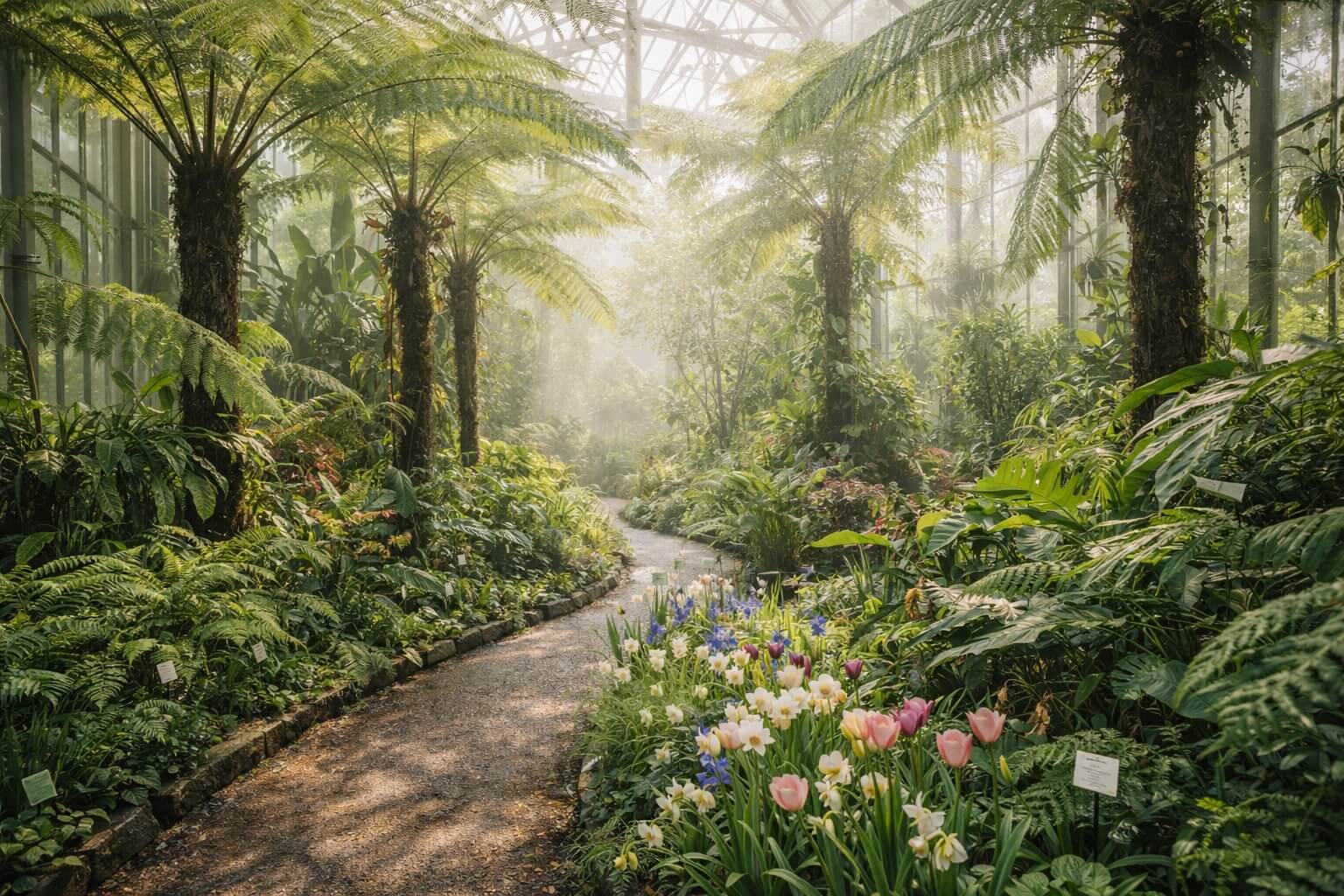 Jardin botanique de Strasbourg en été avec végétation dense et allées fraîches ombragées.