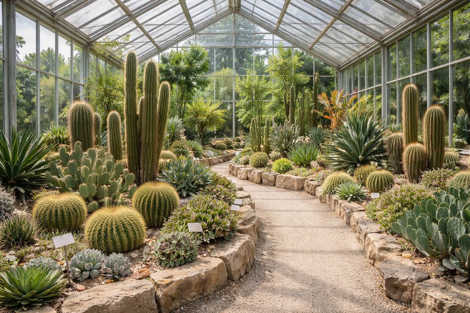 Serre lumineuse présentant des cactus et plantes succulentes au jardin botanique de Strasbourg.