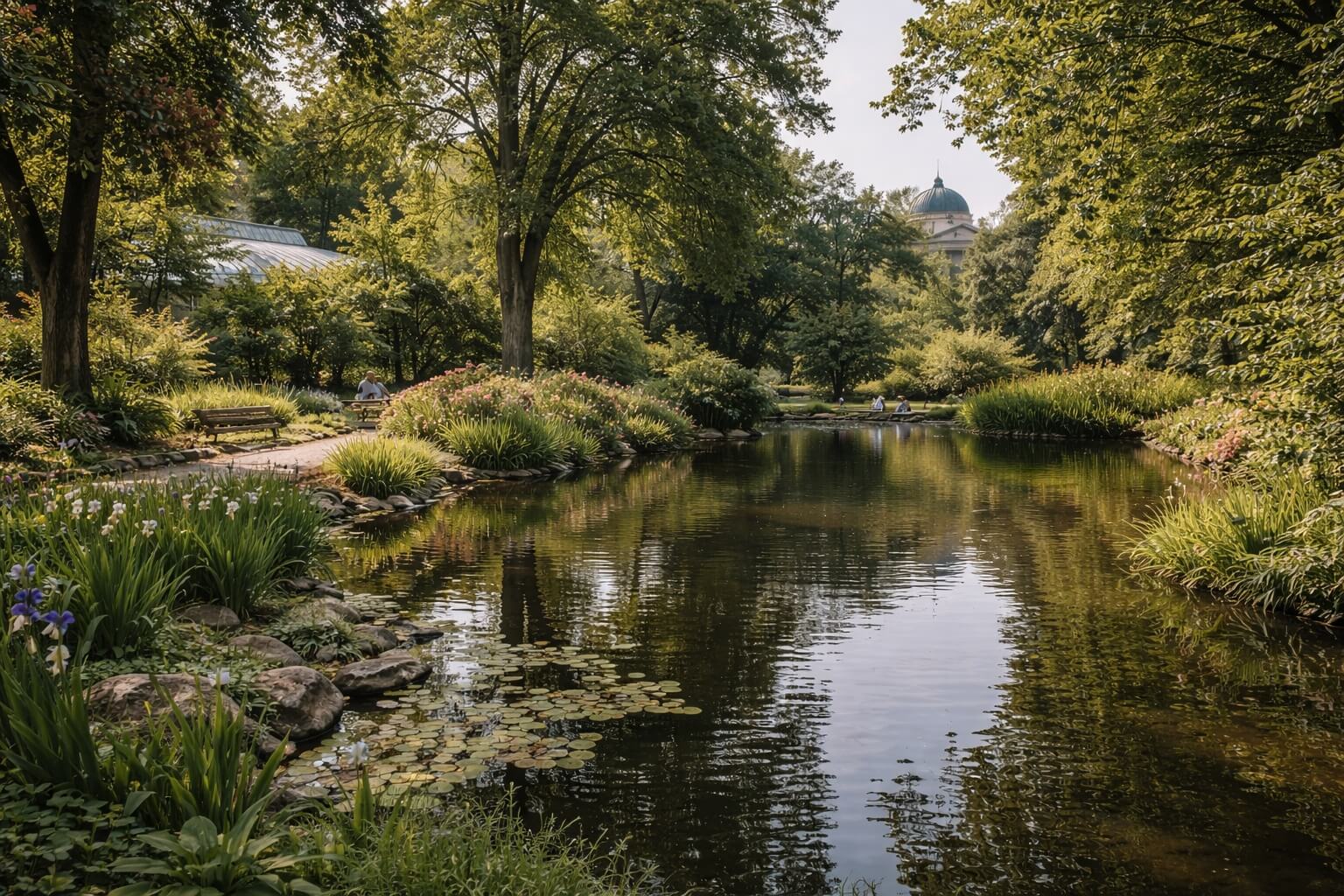 Bassin du jardin botanique de Strasbourg avec reflets des arbres dans une ambiance calme.