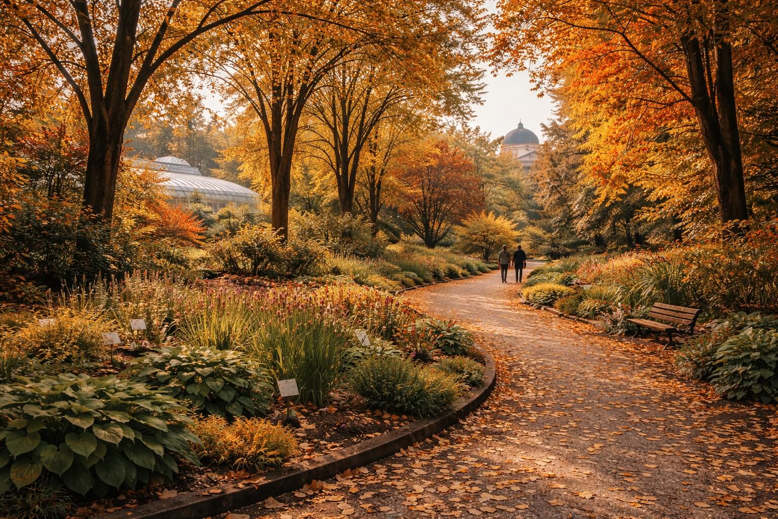 Arbres aux couleurs d’automne dans le jardin botanique de Strasbourg avec promenade tranquille.