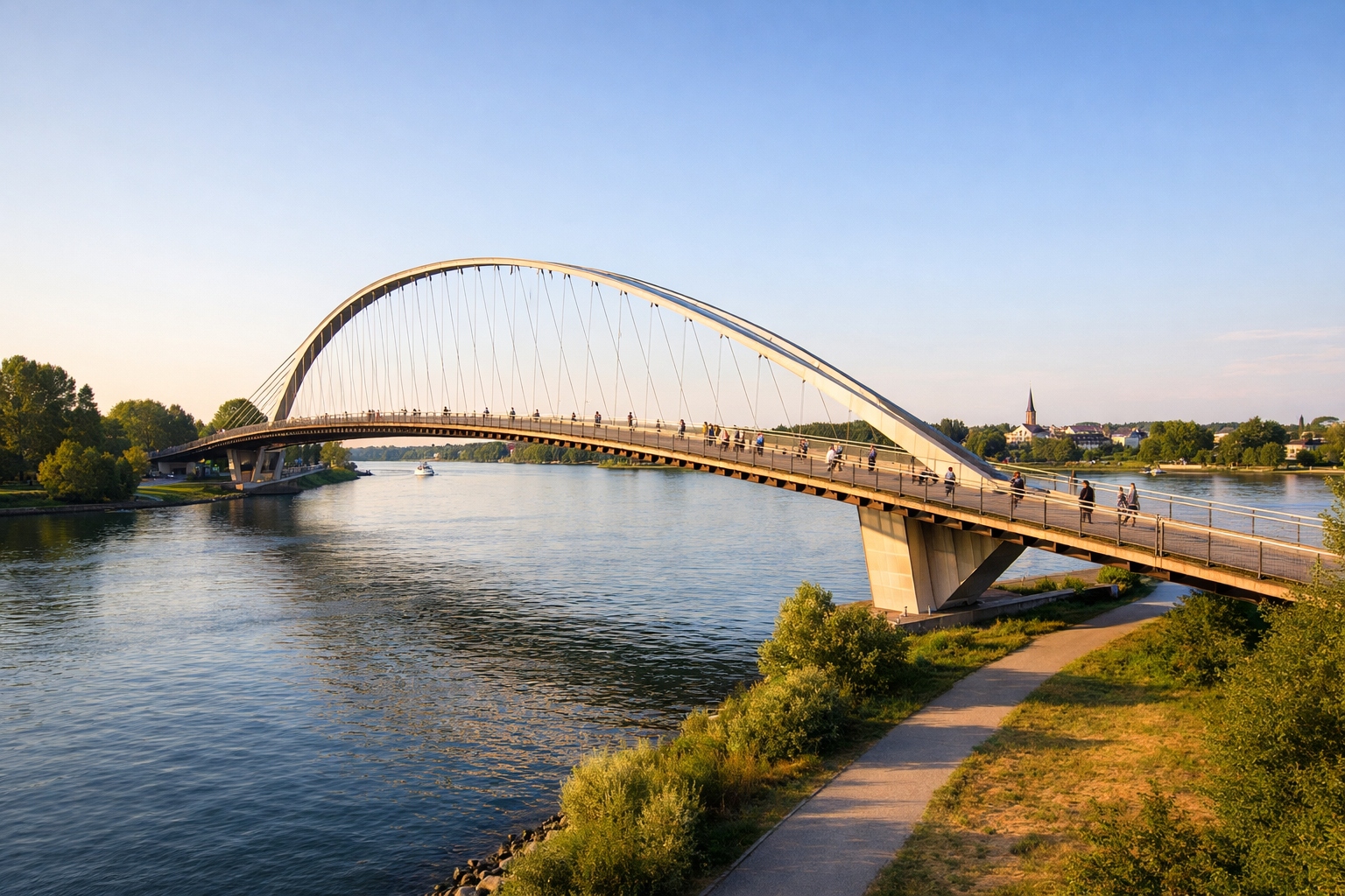 Vue large de la passerelle du Jardin des Deux Rives reliant Strasbourg à Kehl au-dessus du Rhin.