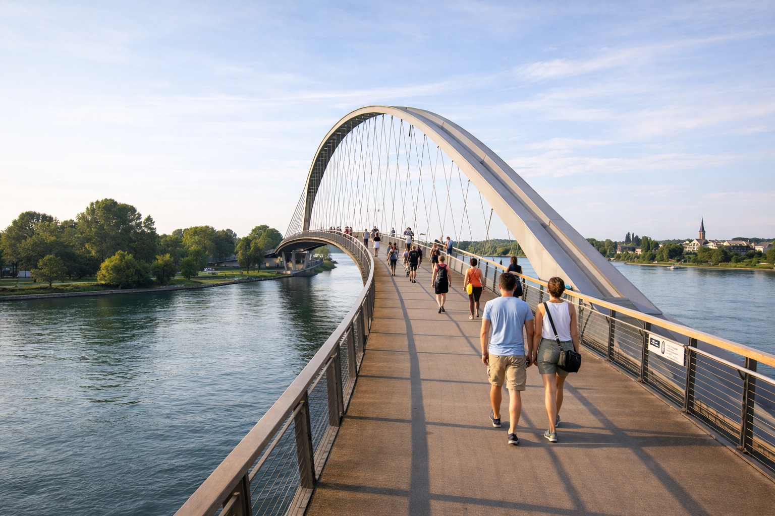 Promeneurs traversant à pied la passerelle entre la France et l’Allemagne au-dessus du Rhin.