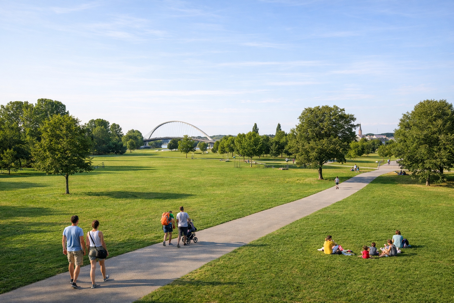 Allée et vastes pelouses du Jardin des Deux Rives côté Strasbourg par beau temps