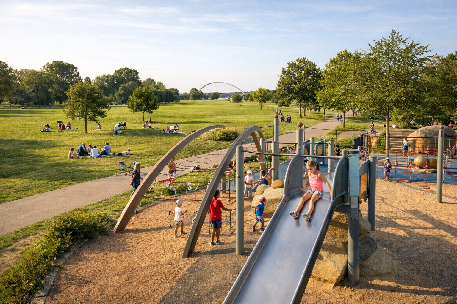 Familles profitant des espaces verts et d’une aire de jeux au Jardin des Deux Rives.