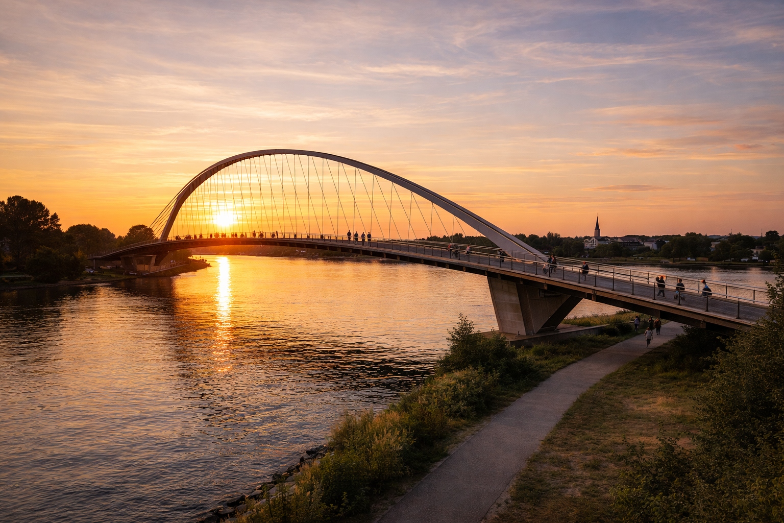 Passerelle et parc du Jardin des Deux Rives baignés par la lumière du coucher du soleil.