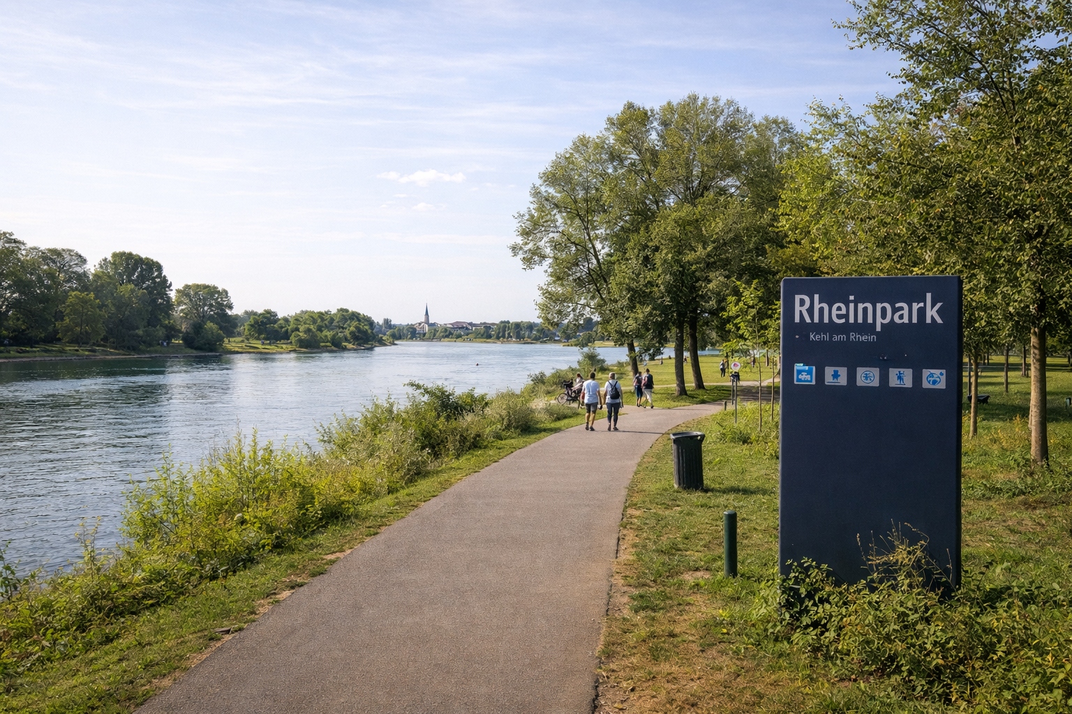 Vue du parc côté allemand à Kehl après la traversée de la passerelle.