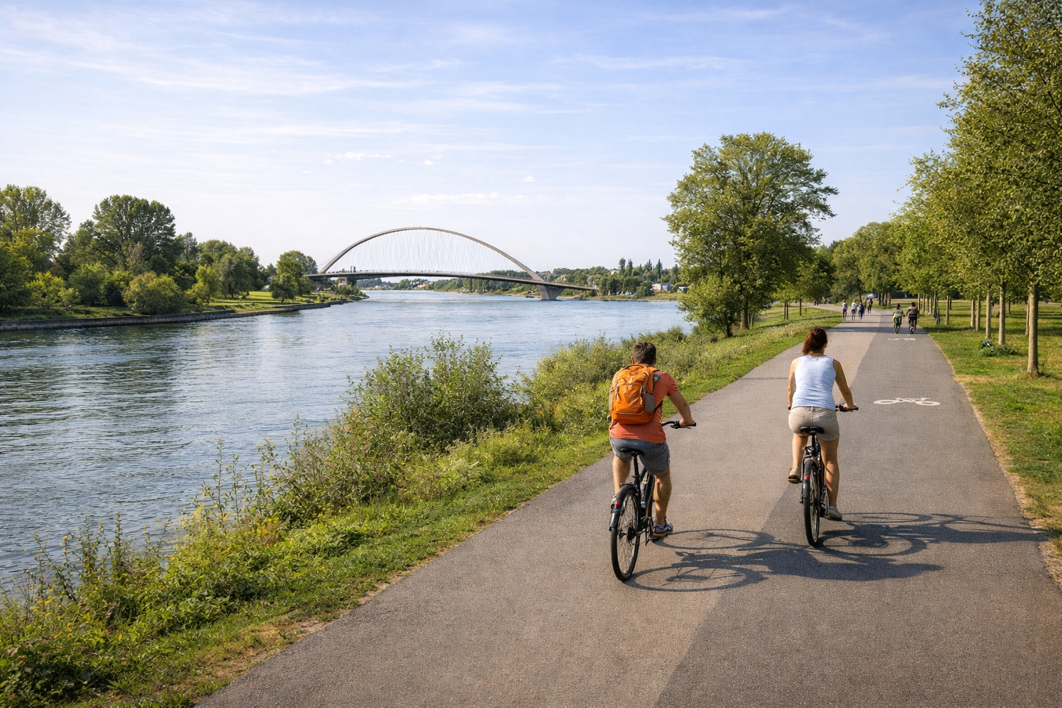 Cyclistes parcourant le Jardin des Deux Rives entre Strasbourg et Kehl.