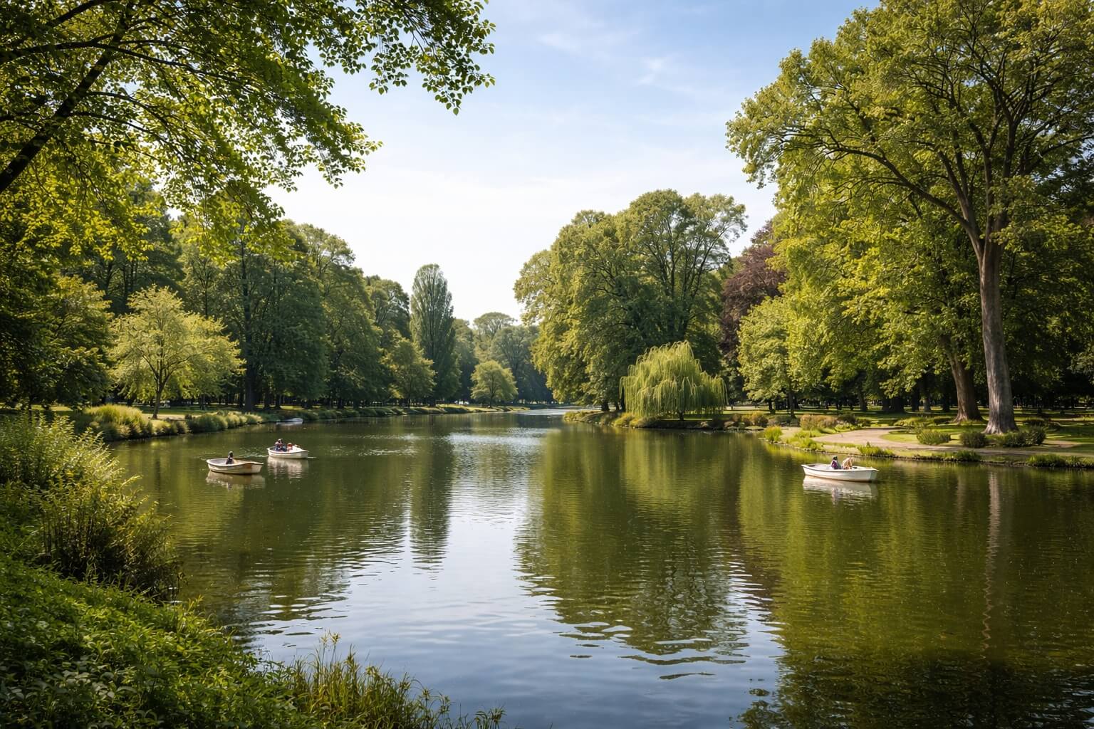 Lac du parc de l’Orangerie avec eau calme, barques et végétation autour.