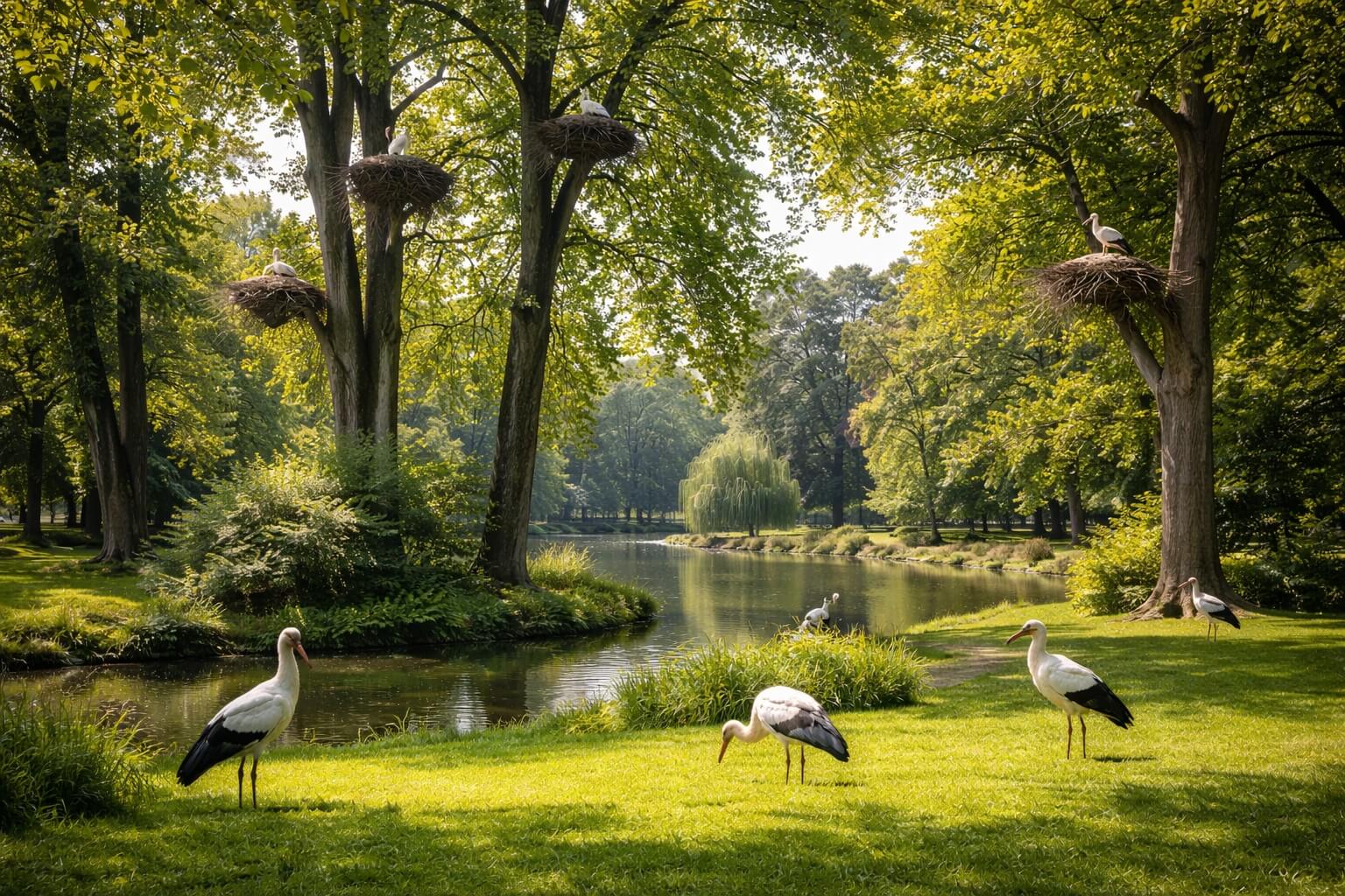 Cigognes blanches dans le parc de l’Orangerie, perchées près de leurs nids.