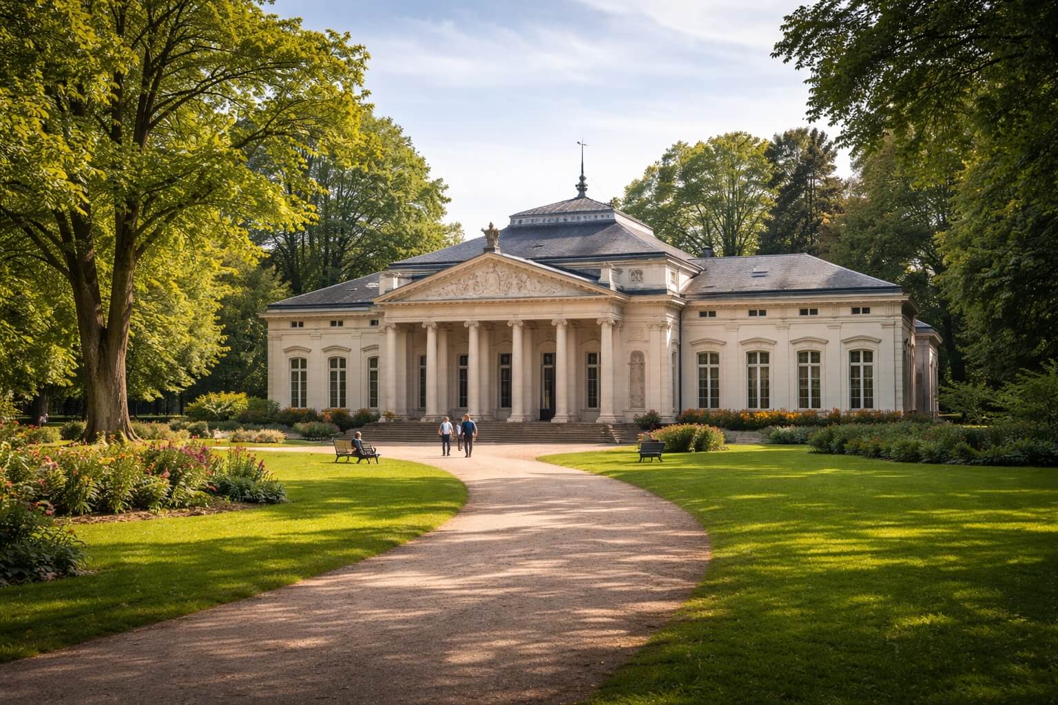 Pavillon Joséphine entouré de verdure dans le parc de l’Orangerie à Strasbourg.