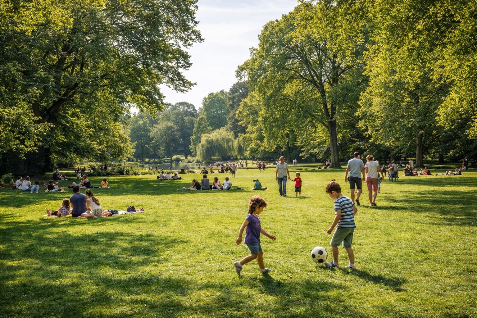 Familles et enfants profitant du parc de l’Orangerie par beau temps.