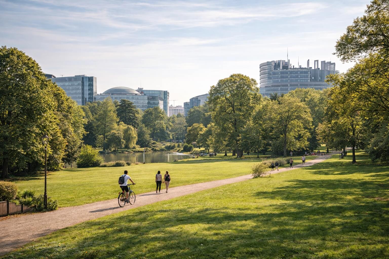 Parc de l’Orangerie avec ambiance verdoyante et quartier européen à proximité.